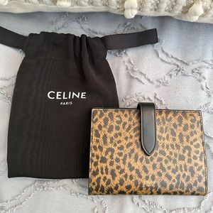 Authentic-Celine leopard print strap medium multifunction wallet with duster bag
